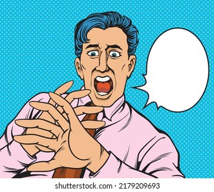 Young businessman shocked, scared, worried.hand drawn style vector design illustration.