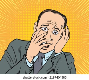 Young businessman shocked, scared, worried.hand drawn style vector design illustration.