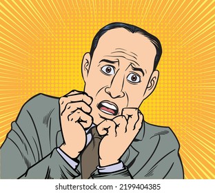 Young businessman shocked, scared, worried.hand drawn style vector design illustration.