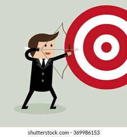 Young businessman shoot archery. Business target and goal concept.