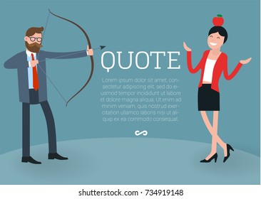 Young businessman  shooting arrow accurately to the apple on young women head.  Flat design vector template.