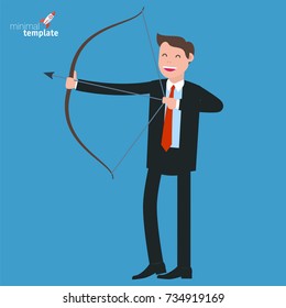Young businessman shooting arrow. Flat design vector template.