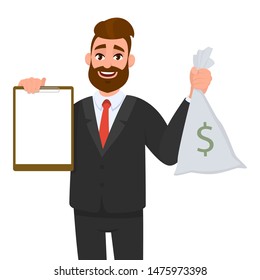 Young businessman showing blank clipboard and cash, money or currency notes bag. Person holding notepad. Male character design illustration. Human emotion, facial expression concept in vector cartoon.