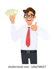 Young businessman showing cash, money and making thumb up gesture sign with hand fingers. Person holding currency notes. Male character design illustration in vector cartoon style.