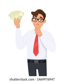 Young businessman showing cash, money and asking silence. Keep quiet! Shut up! Person keeping index finger on lips. Male character design illustration. Human emotions concept in vector cartoon style.