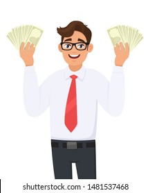 Young businessman showing cash, money in hand. Person holding currency notes. Male character design illustration. Business and financial , modern lifestyle concept in vector cartoon style.