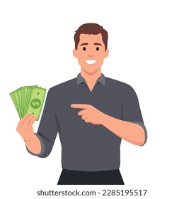 Young businessman showing cash, money and pointing index finger. Person holding currency notes. Male character design illustration. Flat vector illustration isolated on white background
