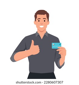 Young businessman showing credit, debit, ATM card and making thumb up gesture sign. Person holding digital payment card. Male character design illustration. Flat vector 