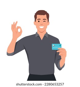 Joven empresario mostrando crédito, débito, tarjeta de cajero automático y firmando gestos bien o bien con dedos de la mano. Persona con tarjeta de pago digital. Ilustración vectorial plana aislada en fondo blanco