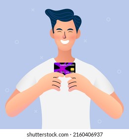 Young businessman showing credit. Male character holding card in hands. Cashless payment, banking services, secure money online transaction. digital payment card. Vector web banner