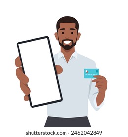 Young businessman showing or holding a new digital smartphone with credit card. Flat vector illustration isolated on white background