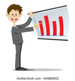 Young businessman shows a graph reporting of an enterprise. Vector illustration