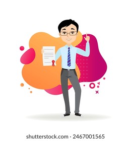 Young businessman with signed contract. Male manager in glasses with index finger up and document. Business and partnership concept. Vector illustration can be used for topics like deal, success