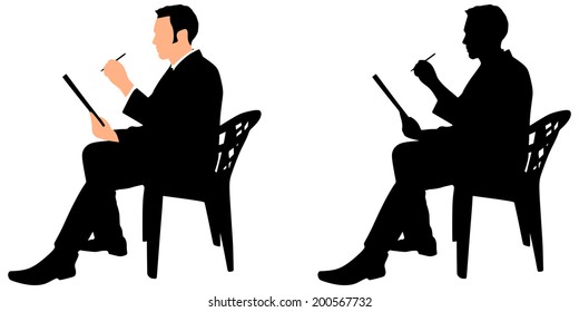 Young businessman signs contract on a black folder, vector