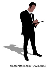 Young businessman signs contract on a black folder, vector 