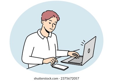 Young businessman sit at desk work on laptop use cellphone. Male employee multitask busy with electronic gadgets on table in office. Vector illustration.