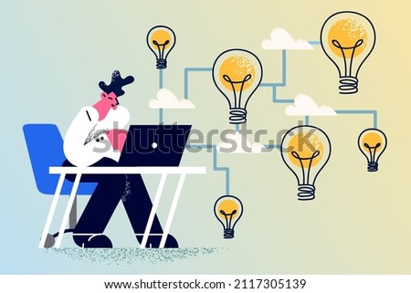 Young businessman sit at desk work on computer generate ideas. Male entrepreneur or employee busy at laptop brainstorm think of business problem solution. Flat vector illustration. 