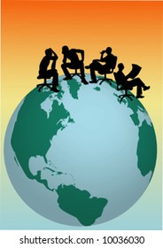 a young businessman siting on top of the world