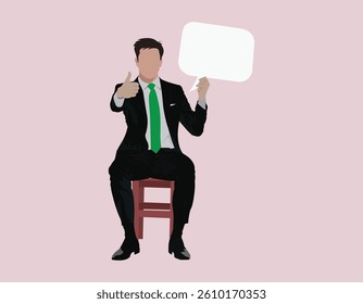A young businessman sits in a chair against a purple background, displaying a speech bubble and giving a thumbs-up sign.