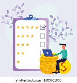 The young businessman sits on a pile of coins with a laptop next to a large paper check chart, flowers. Success in business, economic growth. Modern vector illustration
