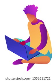 Young businessman sitting cross-legged and working at laptop, tiny people isometric 3D illustration. Distance learning student, freelancer, blogger and developer concept. Isolated on white background.