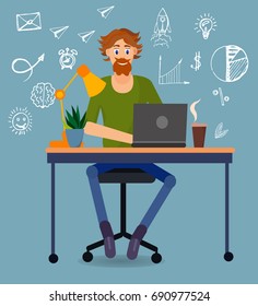 Young businessman sitting at Desk and working at a computer, staring at the screen, workplace, employee
