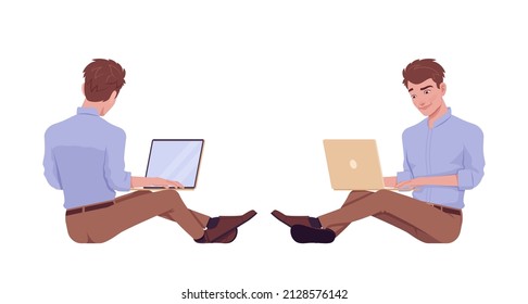 Young businessman sitting at floor with laptop, working online. Busy office attire boy, male manager in formal wear. Vector flat style cartoon character isolated on white background, front, rear view