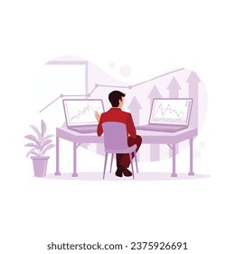 Young businessman sitting in front of computer laptop looking at trading charts. Investment And Stock Scene concept. Trend Modern vector flat illustration