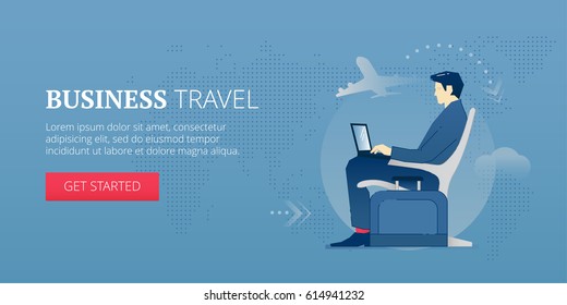 Young businessman sitting with laptop in an airport lounge during a business trip. Vector illustration of business journey. Banner template of business travel