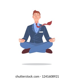 Young businessman sitting in lotus pose and meditating. And eith levitation effect