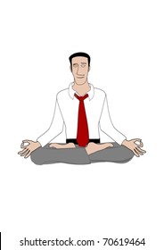 Young businessman sitting in lotus position and meditating. Vector Illustration.