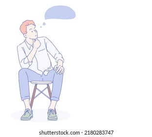 Young businessman sitting on a chair thinking. Hand drawn in thin line style, vector illustrations.