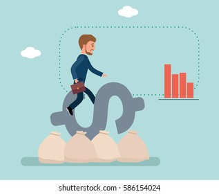Young businessman sitting on dollar sign, barely held. The businessman is afraid to fall. The dollar sign is on the bags of money. Stock market. Concept flat vector business illustration.