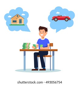 Young businessman sitting at the table and count money profit growth on white background. Vector illustration of young man smiling happy profit growth and wants to buy house and car