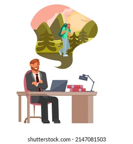 Young businessman sitting at workplace with laptop and dreaming about vacation. Dream bubble of forest trekking overhead. Flat Art Vector Illustration