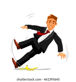 Young Businessman Slipping On Banana Peel And Falling Down. Accident, Failure And Bad Luck Buinsess Metaphor With Man Vector Character