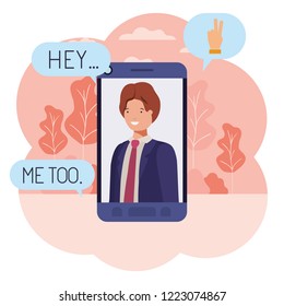 young businessman in smartphone with speech bubble