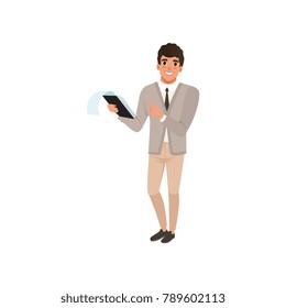 Young businessman with smiling face expression holding clip board. Cartoon man character in stylish jacket, shirt, tie and pants. Office manager. Flat vector design
