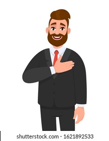 Young businessman smiling with hand on chest and grateful gesture. Stylish hipster person has friendly expression and keeps hand on heart. Man expresses love, thankful feelings. Vector cartoon style.