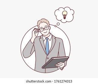 Young businessman smiling man having a good idea. Hand drawn style vector design illustrations.