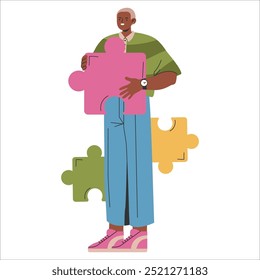 Hombre de negocios joven que resuelve un desafío del rompecabezas. Pensamiento estratégico y resolución de problemas en los negocios. Vestimenta casual, concepto creativo. Ilustración vectorial.