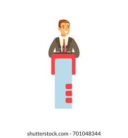 Young businessman speaking behind the podium, public speaker character vector Illustration