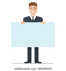Young businessman with a with speech bubble. Blank sheet for text. Flat cartoon businessman illustration. Objects isolated on a white background.