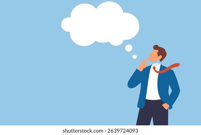 Young businessman in a with a speech bubble cloud above her head, illustrating communication and success concept