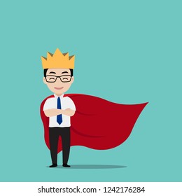 Young businessman stand with red cape and crown. Concept of leadership, success and victory in business