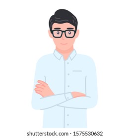 Young businessman standing with arms crossed. Office employee male leader with his arms folded. Successful manager in confident pose. Isolated concept vector illustration in cartoon flat style.