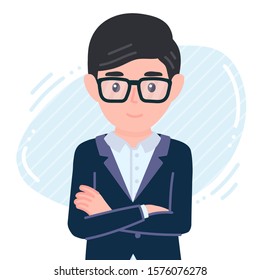 Young businessman standing with arms crossed. Office employee boy leader with his arms folded. Successful manager kid in confident pose. Isolated concept vector illustration in cartoon flat style.