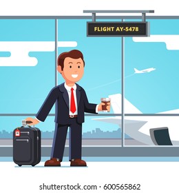 Young businessman standing with luggage wheeled boarding spinner at airport departure lounge & holding coffee cup waiting flight. Executive manager man going on business trip. Flat vector illustration