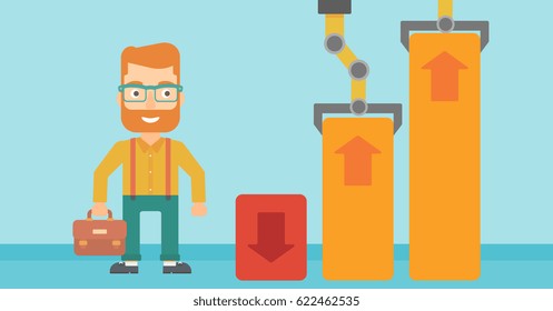 Young businessman standing next to the business charts that the robotic arm pulls up. Businessman looking at charts that the robotic arm raises up. Vector flat design illustration. Horizontal layout