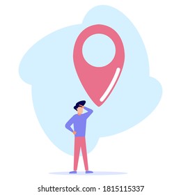 A young businessman is standing next to a large map pointer. Our office location. Vector illustration.